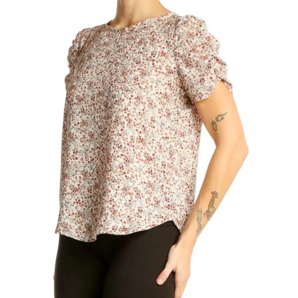 LOFT Cream and Pink Floral Puff Sleeve Top